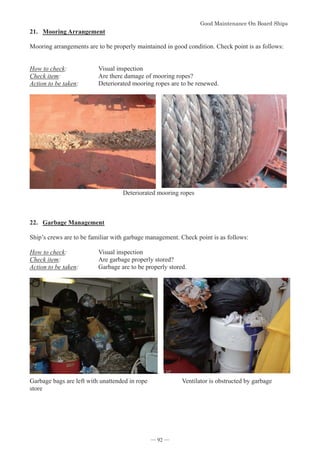 *RRG0DLQWHQDQFH2Q%RDUG6KLSV
- 92 -
21. Mooring Arrangement
Mooring arrangements are to be properly maintained in good condition. Check point is as follows:
How to check: Visual inspection
Check item: Are there damage of mooring ropes?
Action to be taken: Deteriorated mooring ropes are to be renewed.
Deteriorated mooring ropes
22. Garbage Management
Ship’s crews are to be familiar with garbage management. Check point is as follows:
How to check: Visual inspection
Check item: Are garbage properly stored?
Action to be taken: Garbage are to be properly stored.
Garbage bags are left with unattended in rope
store
Ventilator is obstructed by garbage
― 92 ―
 