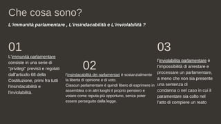Che cosa sono?
L’immunità parlamentare
consiste in una serie di
"privilegi" previsti e regolati
dall'articolo 68 della
Costituzione, primi fra tutti
l'insindacabilità e
l'inviolabilità.
01
L’immunità parlamentare , L'insindacabilità e L'inviolabilità ?
l'insindacabilità dei parlamentari è sostanzialmente
la liberta di opinione e di voto.
Ciascun parlamentare è quindi libero di esprimere in
assemblea o in altri luoghi il proprio pensiero e
votare come reputa più opportuno, senza poter
essere perseguito dalla legge.
02
l'inviolabilita parlamentare è
l'impossibilità di arrestare e
processare un parlamentare,
a meno che non sia presente
una sentenza di
condanna o nel caso in cui il
paramentare sia colto nel
l'atto di compiere un reato
03
 