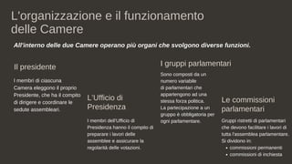 L'organizzazione e il funzionamento
delle Camere
I membri di ciascuna
Camera eleggono il proprio
Presidente, che ha il compito
di dirigere e coordinare le
sedute assembleari.
Il presidente
All'interno delle due Camere operano più organi che svolgono diverse funzioni.
I membri dell'Ufficio di
Presidenza hanno il compito di
preparare i lavori delle
assemblee e assicurare la
regolarità delle votazioni.
Sono composti da un
numero variabile
di parlamentari che
appartengono ad una
stessa forza politica.
La partecipazione a un
gruppo è obbligatoria per
ogni parlamentare.
L’Ufficio di
Presidenza
I gruppi parlamentari
Le commissioni
parlamentari
commissioni permanenti
commissioni di inchiesta
Gruppi ristretti di parlamentari
che devono facilitare i lavori di
tutta l'assemblea parlamentare.
Si dividono in:
 