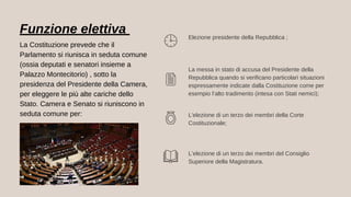 Funzione elettiva Elezione presidente della Repubblica ;
La messa in stato di accusa del Presidente della
Repubblica quando si verificano particolari situazioni
espressamente indicate dalla Costituzione come per
esempio l’alto tradimento (intesa con Stati nemici);
L'elezione di un terzo dei membri della Corte
Costituzionale;
L’elezione di un terzo dei membri del Consiglio
Superiore della Magistratura.
La Costituzione prevede che il
Parlamento si riunisca in seduta comune
(ossia deputati e senatori insieme a
Palazzo Montecitorio) , sotto la
presidenza del Presidente della Camera,
per eleggere le più alte cariche dello
Stato. Camera e Senato si riuniscono in
seduta comune per:
 