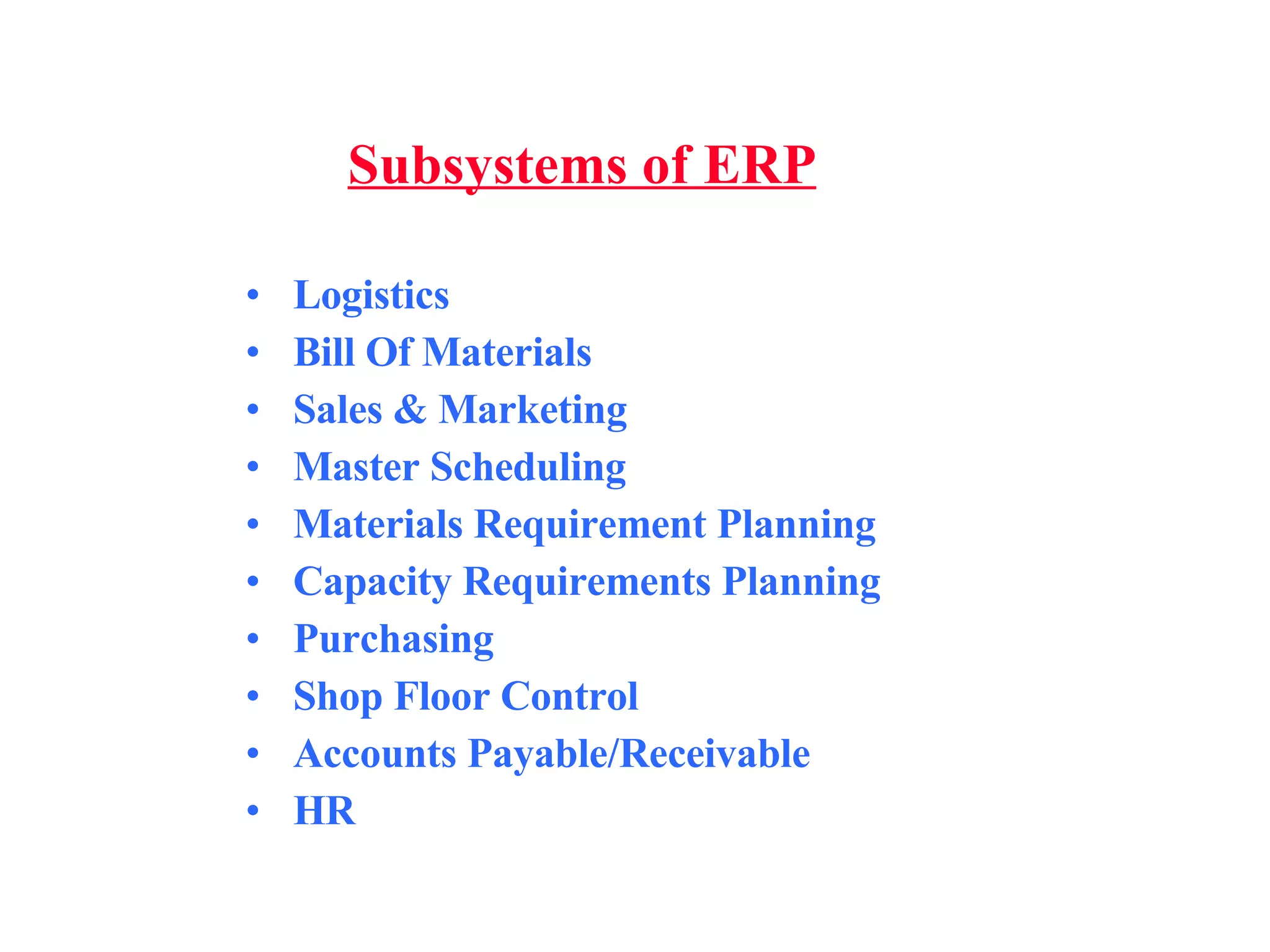 Subsystems of ERP Logistics Bill Of Materials Sales & Marketing Master Scheduling Materials Requirement Planning Capacity Requirements Planning Purchasing  Shop Floor Control Accounts Payable/Receivable HR 
