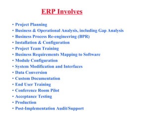 Project Planning Business & Operational Analysis, including Gap Analysis Business Process Re-engineering (BPR) Installation & Configuration Project Team Training Business Requirements Mapping to Software Module Configuration System Modification and Interfaces  Data Conversion Custom Documentation End User Training Conference Room Pilot Acceptance Testing Production Post-Implementation Audit/Support ERP Involves 