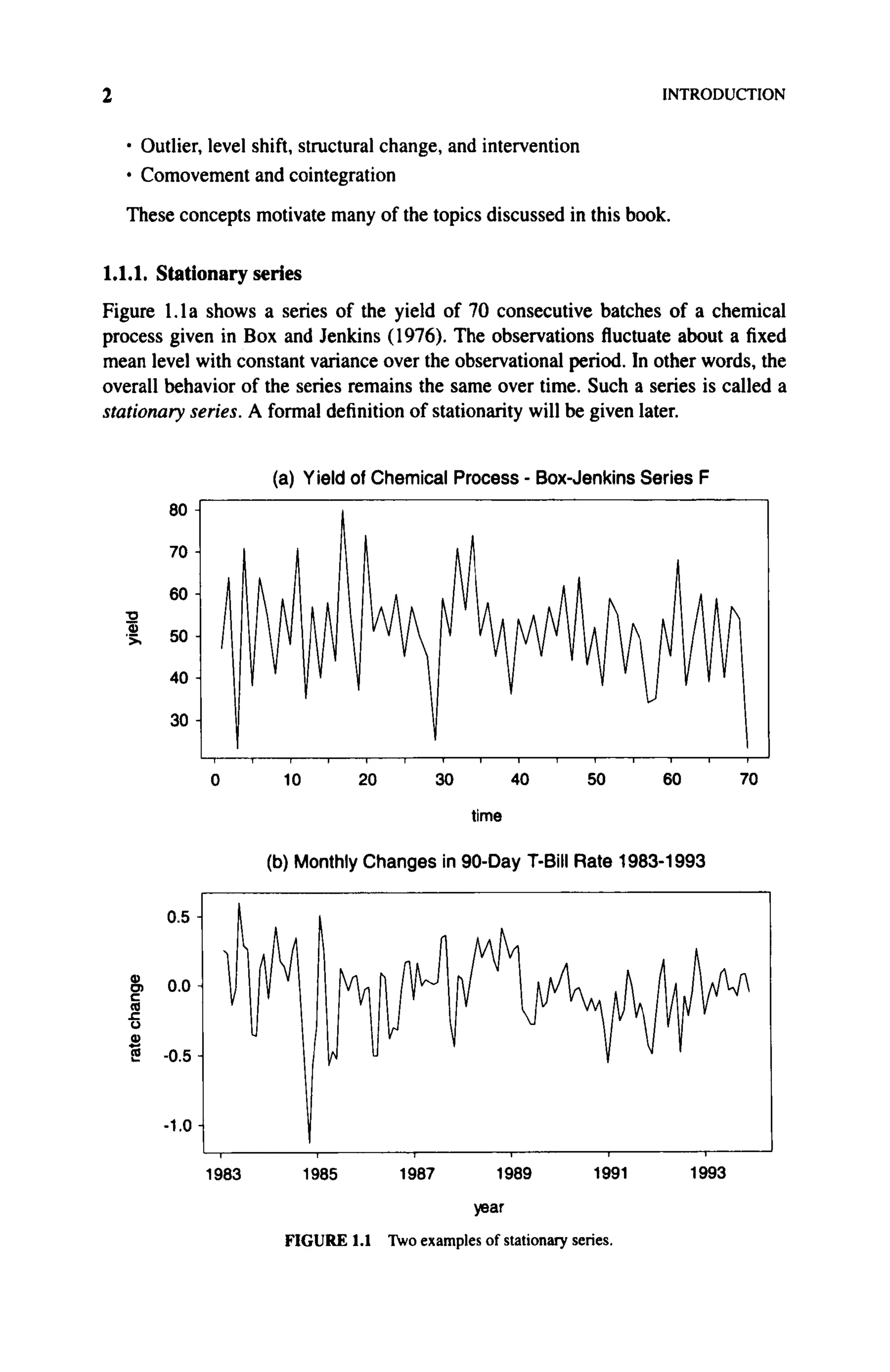 2 INTRODUCTION
• Outlier, level shift, structural change, and intervention
• Comovement and cointegration
These concepts motivate many of the topics discussed in this book.
1.1.1. Stationary series
Figure 1.1a shows a series of the yield of 70 consecutive batches of a chemical
process given in Box and Jenkins (1976). The observations fluctuate about a fixed
mean level with constant variance over the observational period. In other words, the
overall behavior of the series remains the same over time. Such a series is called a
stationary series. A formal definition of stationarity will be given later.
(a) Yield of Chemical Process - Box-Jenkins Series F
0)
0 10 20 30 40 50 60 70
time
(b) Monthly Changes in 90-Day T-Bill Rate 1983-1993
1983 1985 1987 1989 1991 1993
year
FIGURE 1.1 Two examples of stationary series.
 