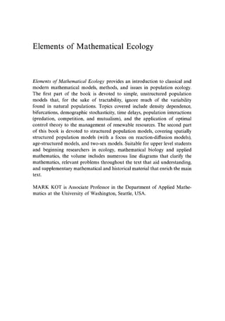 Ecological With Math Elements Of Mathematical Ecology 1st Edition Mark Kot | PDF