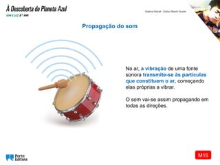 No ar, a vibração de uma fonte
sonora transmite-se às partículas
que constituem o ar, começando
elas próprias a vibrar.
O som vai-se assim propagando em
todas as direções.
Propagação do som
M16
 