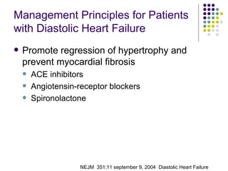 Management Principles for Patients with Diastolic Heart Failure Promote regression of hypertrophy and prevent myocardial fibrosis ACE inhibitors Angiotensin-receptor blockers Spironolactone NEJM  351;11 september 9, 2004  Diastolic Heart Failure 