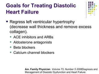 Goals for Treating Diastolic Heart Failure Regress left ventricular hypertrophy (decrease wall thickness and remove excess collagen). ACE inhibitors and ARBs Aldosterone antagonists Beta blockers Calcium channel blockers Am. Family Physician  Volume 73, Number 5 2006 Diagnosis and Management of Diastolic Dysfunction and Heart Failure 