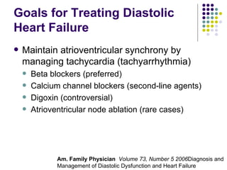 Goals for Treating Diastolic Heart Failure Maintain atrioventricular synchrony by managing tachycardia (tachyarrhythmia) Beta blockers (preferred) Calcium channel blockers (second-line agents) Digoxin (controversial) Atrioventricular node ablation (rare cases) Am. Family Physician  Volume 73, Number 5 2006 Diagnosis and Management of Diastolic Dysfunction and Heart Failure 