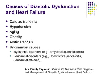 Causes of Diastolic Dysfunction and Heart Failure Cardiac ischemia Hypertension Aging Obesity Aortic stenosis Uncommon causes Myocardial disorders (e.g., amyloidosis, sarcoidosis) Pericardial disorders (e.g., Constrictive pericarditis, Pericardial effusion) Am. Family Physician  Volume 73, Number 5 2006  Diagnosis and Management of Diastolic Dysfunction and Heart Failure 