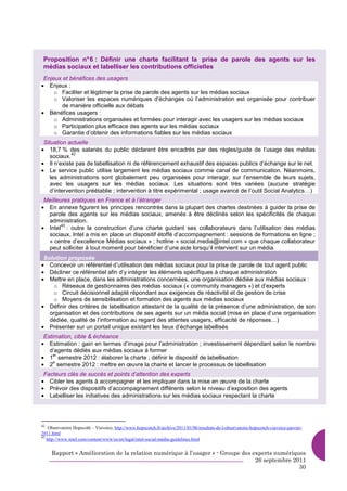 Proposition n° 6 : Définir une charte facilitant la prise de parole des agents sur les
 médias sociaux et labelliser les contributions officielles
 Enjeux et bénéfices des usagers
• Enjeux :
     o Faciliter et légitimer la prise de parole des agents sur les médias sociaux
     o Valoriser les espaces numériques d’échanges où l’administration est organisée pour contribuer
       de manière officielle aux débats
• Bénéfices usagers :
     o Administrations organisées et formées pour interagir avec les usagers sur les médias sociaux
     o Participation plus efficace des agents sur les médias sociaux
     o Garantie d’obtenir des informations fiables sur les médias sociaux
 Situation actuelle
• 18,7 % des salariés du public déclarent être encadrés par des règles/guide de l’usage des médias
             42
    sociaux.
• Il n’existe pas de labellisation ni de référencement exhaustif des espaces publics d’échange sur le net.
• Le service public utilise largement les médias sociaux comme canal de communication. Néanmoins,
    les administrations sont globalement peu organisées pour interagir, sur l’ensemble de leurs sujets,
    avec les usagers sur les médias sociaux. Les situations sont très variées (aucune stratégie
    d’intervention préétablie ; intervention à titre expérimental ; usage avancé de l’outil Social Analytics…)
 Meilleures pratiques en France et à l’étranger
• En annexe figurent les principes rencontrés dans la plupart des chartes destinées à guider la prise de
  parole des agents sur les médias sociaux, amenés à être déclinés selon les spécificités de chaque
  administration.
• Intel : outre la construction d’une charte guidant ses collaborateurs dans l’utilisation des médias
        43

  sociaux, Intel a mis en place un dispositif étoffé d’accompagnement : sessions de formations en ligne ;
  « centre d’excellence Médias sociaux » ; hotline « social.media@intel.com » que chaque collaborateur
  peut solliciter à tout moment pour bénéficier d’une aide lorsqu’il intervient sur un média.
 Solution proposée
• Concevoir un référentiel d’utilisation des médias sociaux pour la prise de parole de tout agent public
• Décliner ce référentiel afin d’y intégrer les éléments spécifiques à chaque administration
• Mettre en place, dans les administrations concernées, une organisation dédiée aux médias sociaux :
    o Réseaux de gestionnaires des médias sociaux (« community managers ») et d’experts
    o Circuit décisionnel adapté répondant aux exigences de réactivité et de gestion de crise
    o Moyens de sensibilisation et formation des agents aux médias sociaux
• Définir des critères de labellisation attestant de la qualité de la présence d’une administration, de son
   organisation et des contributions de ses agents sur un média social (mise en place d’une organisation
   dédiée, qualité de l’information au regard des attentes usagers, efficacité de réponses…)
• Présenter sur un portail unique existant les lieux d’échange labellisés
 Estimation, cible & échéance
• Estimation : gain en termes d’image pour l’administration ; investissement dépendant selon le nombre
   d’agents dédiés aux médias sociaux à former
• 1 semestre 2012 : élaborer la charte ; définir le dispositif de labellisation
     er

• 2 semestre 2012 : mettre en œuvre la charte et lancer le processus de labellisation
     e


 Facteurs clés de succès et points d’attention des experts
• Cibler les agents à accompagner et les impliquer dans la mise en œuvre de la charte
• Prévoir des dispositifs d’accompagnement différents selon le niveau d’exposition des agents
• Labelliser les initiatives des administrations sur les médias sociaux respectant la charte




42
    Observatoire Hopscoth – Viavoice, http://www.hopscotch.fr/archive/2011/01/06/resultats-de-l-observatoire-hopscotch-viavoice-janvier-
2011.html
43
   http://www.intel.com/content/www/us/en/legal/intel-social-média-guidelines.html


     Rapport « Amélioration de la relation numérique à l’usager » - Groupe des experts numériques
                                                                                26 septembre 2011
                                                                                               30
 