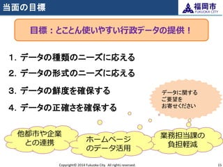 当面の目標 
Copyright© 2014 Fukuoka City. All rights reserved. 
15 
１．データの種類のニーズに応える 
３．データの鮮度を確保する 
４．データの正確さを確保する 
目標：とことん使いやすい行政データの提供！ 
２．データの形式のニーズに応える 
他都市や企業 との連携 
業務担当課の 負担軽減 
ホームページ のデータ活用 
データに関する ご要望を お寄せください  