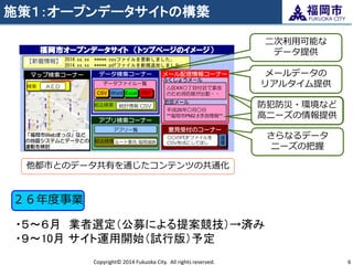 施策１：オープンデータサイトの構築 
Copyright© 2014 Fukuoka City. All rights reserved. 
6 
他都市とのデータ共有を通じたコンテンツの共通化 
２６年度事業 
・５～６月 業者選定（公募による提案競技）→済み ・９～10月 サイト運用開始（試行版）予定 
「福岡市Webまっぷ」など の地図システムとデータとの 連動を検討 
マップ検索コーナー 
福岡市オープンデータサイト （トップページのイメージ） 
データファイル一覧 
【新着情報】 
意見受付のコーナー 
ふくしょうメール 
防災メール 
平成26年○月○日 **福岡市PM2.5予測情報** 
2014.xx.xx *****.csvファイルを更新しました。 
2014.xx.xx *****.pdfファイルを新規追加しました。 
絞込検索 
データ検索コーナー 
アプリ検索コーナー 
絞込検索 
アプリ一覧 
検索 
ＡＥＤ 
統計情報 CSV 
ルート案内 福岡城跡 
CSV 
Excel 
PDF 
Word 
○○のPDFファイルを CSV形式にしてほし い。 
送 信 
メール配信情報コーナー 
△区XX○丁目付近で事故 のため消防隊が出動・・ 
メールデータの リアルタイム提供 
防犯防災・環境など 高ニーズの情報提供 
二次利用可能な データ提供 
さらなるデータ ニーズの把握  
