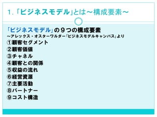 １．｢ビジネスモデル｣とは～構成要素～ 
｢ビジネスモデル｣の９つの構成要素 
～アレックス・オスターワルダー｢ビジネスモデルキャンバス｣より 
①顧客セグメント 
②顧客価値 
③チャネル 
④顧客との関係 
⑤収益の流れ 
⑥経営資源 
⑦主要活動 
⑧パートナー 
⑨コスト構造  