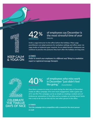 Invite a yoga instructor to the office before the holidays. Many yoga
practitioners can adapt postures for workplace settings and office wear—no
yoga studio or lululemon gear required. As an added benefit, employees can
continue to practice the postures they learn after the holidays are long over.
A TWIST:
Prefer to stretch your employees in a different way? Bring in a mediation
expert or registered massage therapist.
Give them a reason to come in to work during the dark days of December:
create an office campaign. (For even more engagement, make a game out
of it—see #3.) The campaign can be as simple as creating a random acts of
kindness jar somewhere in the office and as complex as turning Secret Santa
into a way to do nice (on-the-sly) for one other person in the office.
A TWIST:
Turn the campaign into a competition with a reward for the nicest person
on staff.
KEEP CALM
& YOGA ON
CELEBRATE
THE TWELVE
DAYS OF NICE
of employees say December is
the most stressful time of year42%
40%
(MetLife)
of employees who miss work
in December “just didn’t feel
like going.” (CareerBuilder)
 