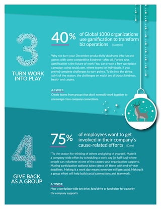 3
‘Tis the season for thinking of others and giving of yourself. Make it
a company-wide effort by scheduling a work day (or half day) where
people can volunteer at one of the causes your organization supports.
Making participation optional takes stress off those with end-of-year
deadlines. Making it a work day means everyone still gets paid. Making it
a group effort will help build social connections and teamwork.
A TWIST:
Host a workplace-wide toy drive, food drive or fundraiser for a charity
the company supports.
Why not turn your December productivity doldrums into fun and
games with some competitive kindness—after all, Forbes says
gamification is the future of work! You can create a free workplace
campaign using xocial.com, where teams (or individuals, if you
prefer) complete challenges to earn points. To tie into the giving
spirit of the season, the challenges on xocial are all about kindness,
health and causes.
A TWIST:
Create teams from groups that don’t normally work together to
encourage cross-company connections.
TURN WORK
INTO PLAY
GIVE BACK
AS A GROUP
of employees want to get
involved in their company’s
cause-related efforts
of Global 1000 organizations
use gamification to transform
biz operations
40%
75%
(Gartner)
(Cone)
4
 