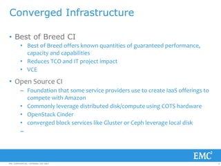 6EMC CONFIDENTIAL—INTERNAL USE ONLYEMC CONFIDENTIAL—INTERNAL USE ONLY
Converged Infrastructure
• Best of Breed CI
• Best of Breed offers known quantities of guaranteed performance,
capacity and capabilities
• Reduces TCO and IT project impact
• VCE
• Open Source CI
– Foundation that some service providers use to create IaaS offerings to
compete with Amazon
• Commonly leverage distributed disk/compute using COTS hardware
• OpenStack Cinder
• converged block services like Gluster or Ceph leverage local disk
–
 