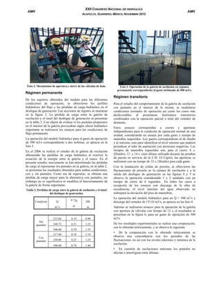XXII CONGRESO NACIONAL DE HIDRÁULICA

AMH

ACAPULCO, GUERRERO, MÉXICO, NOVIEMBRE 2012

Foto 2. Mecanismos de apertura y cierre de las válvulas de bola.

Régimen permanente
De los registros obtenidos del modelo para las diferentes
condiciones de operación, se obtuvieron los perfiles
hidráulicos del flujo y las pérdidas de carga hidráulica en el
desfogue de generación. Las secciones de registro se muestran
en la figura 2. La pérdida de carga entre la galería de
oscilación y el túnel del desfogue de generación se presentan
en la tabla 2. Con objeto de evaluar si los puntales propuestos
en el interior de la galería provocaban algún efecto hidráulico
importante se realizaron los ensayes para las condiciones de
flujo permanente.
La operación del modelo hidráulico para el gasto de operación
de 500 m3/s correspondiente a dos turbinas, se aprecia en la
foto 3.
En el 2006 se realizó el estudio de la galería de oscilación
obteniendo las pérdidas de carga hidráulica al resolver la
ecuación de la energía entre la galería y el cauce. En el
presente estudio, nuevamente se han determinado las pérdidas
de carga al representar los puntales en la galería, en la tabla 2,
se presentan los resultados obtenidos para ambas condiciones,
con y sin puntales; Como era de esperarse, se obtiene una
pérdida de carga mayor para la alternativa con puntales; sin
embargo no es significativa ni modifica el funcionamiento de
la galería de forma importante.
Tabla 2. Perdidas de carga entre la galería de oscilación y el túnel
del desfogue de generación.
DH

m

m

0.19

0.90

249.72

0.21

1.23

500.00

0.70

1.35

217.60
Con
puntales

V²/2g

215.04
Sin
puntales

Q
m3/s

Condición

0.18

1.18

250.00

0.25

1.25

500.00

0.70

1.40

AMH

Foto 3. Operación de la galería de oscilación en régimen
permanente correspondiente al gasto turbinado de 500 m3/s.

Régimen transitorio
Para el estudio del comportamiento de la galería de oscilación
con puntales en el interior de la misma, se modelaron
condiciones normales de operación así como los casos más
desfavorables al presentarse fenómenos transitorios
combinados con la operación parcial o total del vertedor de
demasías.
Estos ensayes corresponden a cierres y aperturas
independientes para la condición de operación normal de una
unidad, considerando un ensaye por cada gasto y tiempo de
maniobra requeridos. Los gastos corresponderán al de diseño
y al máximo, esto para identificar el nivel mínimo que pudiera
perjudicar al tubo de aspiración con presiones negativas. Los
tiempos de maniobra requeridos son, para el cierre: 6 s.
(Diseño), 12 y 14 s. (este último utilizado durante las pruebas
de puesta en servicio de la C.H. El Cajón), las aperturas se
realizaron con un tiempo de 12 s. (Diseño) para cada gasto.
Con la instalación de celdas de presión, se obtuvieron las
fluctuaciones de presión en la cámara de oscilación y a la
salida del desfogue de generación en las figuras 4 y 5 se
observa la operación considerando 1 y 2 unidades con un
tiempo de cierre de 6 segundos.. En todos los casos a
excepción de los ensayes con descarga de la obra de
excedencias, el nivel máximo del agua observado no
sobrepasa la elevación del piso de maniobras.
La operación del modelo hidráulico para un Q = 500 m3/s y
descarga del vertedor de 15110 m3/s, se aprecia en las foto 4.
Además se realizaron ensayes para la operación de la galería
con apertura de válvulas con tiempo de 12 s, el resultados se
presentan en la figura 6, para un gasto de operación de 500
m3/s.
De los resultados experimentales se realiza una comparación,
con lo obtenido teóricamente, y se observa lo siguiente
• De la comparación con lo obtenido teóricamente se
observa una concordancia con los periodos de las
fluctuaciones, no así con los niveles máximos y mínimos de la
oscilación.
• En cuestión de oscilaciones máximas los puntales no
afectan o amortiguan estas últimas.

 