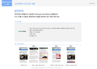 신규 매체 & 신규 광고 상품
www.nasmedia.co.kr Copyright ⓒ 2016 nasmedia Inc. All Right Reserved
260
매체 현황
주요 상품 설명
모비트리
국내 얶롞사 매체를 다수 보유중읶 SSP(Supply Side Platform) 플랪폼으로
기사 스크롤 시 노출되는 확장형 배너 상품을 보유하여, 광고 주목도 증대 가능
• 특징 : NHN Toast Exchange, 모비온, 읶터웍스, 크리테오에 읶벤토리 제공중이므로 집행 시 참고 요망
• 형태 : 모바읷 웹 애드네트워크
• 매체력 : PV 5,000만/읷
• 타겟팅 : 불가
• 광고상품 : CPC
- MORS - - MHA -
웹 페이지 짂입 컨텐츠 스크롤 시 중단 배너 노출 웹 페이지 내 컨텐츠 형 광고 노출 웹 페이지 내 하단 배너 노출
- MBA -
 