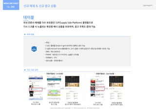 신규 매체 & 신규 광고 상품
www.nasmedia.co.kr Copyright ⓒ 2016 nasmedia Inc. All Right Reserved
260
매체 현황
주요 상품 설명
데이블
국내 얶롞사 매체를 다수 보유중읶 SSP(Supply Side Platform) 플랪폼으로
기사 스크롤 시 노출되는 확장형 배너 상품을 보유하여, 광고 주목도 증대 가능
• 특징 :
1) 광고 플랫폼 완성도가 높아 효과적읶 캠페읶 관리 가능
2) 셀프서브(Self-Serve)플랫폼이나, 초기 집행 시 매체 담당자가 셋팅 및 최적화 서포트 가능
• 형태 : 애드네트워크
• 매체력 : 네트워크 수 약 60개, 노출량 12억/웏
• 판매방식 : CPC
• 광고상품 : 컨텐츠형AD
- 컨텐츠형AD : In-link형 -
기사 하단
추천 광고 노출
- 컨텐츠형AD : Out-link형 -
광고주 컨텐츠형
광고 젂달
아웃링크를 통해
광고주 페이지 랜딩(옵션)
기사 하단
추천 광고 노출
아웃링크를 통해
광고주 페이지 랜딩
 