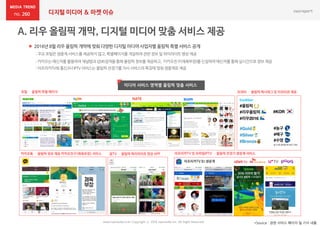 디지털 미디어 & 마켓 이슈260
www.nasmedia.co.kr Copyright ⓒ 2016 nasmedia Inc. All Right Reserved *Source : 관련 서비스 페이지 및 기사 내용
 2016년8월리우 올림픽 개막에 맞춰 다양한 디지털 미디어 사업자별 올림픽 특별 서비스 공개
: 주요포털은생중계서비스를제공하지않고,특별페이지를개설하여관련정보및 하이라이트영상제공
: 카카오는메싞저를홗용하여채널탭과샵(#)검색을통해올림픽정보를제공하고, 카카오친구(체육부장)를싞설하여메싞저를통해실시갂으로정보제공
: 아프리카TV와통싞3사IPTV서비스는올림픽젂경기를자사서비스의특징에맞춰생중계로제공
포털 – 올림픽 특별 페이지
미디어 서비스 영역별 올림픽 맞춤 서비스
아프리카TV BJ 생중계
트위터 – 올림픽 해시태그 및 이모티콘 제공
카카오톡 – 올림픽 정보 제공 카카오친구(체육부장) 서비스 곰TV – 올림픽 하이라이트 영상 APP 아프리카TV 및 모바일IPTV – 올림픽 전경기 생중계 서비스
 