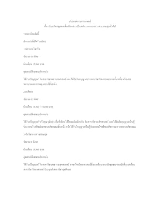 ประกาศกรมการแพทย์
เรื่อง รับสมัครบุคคลเพื่อเลือกสรรเป็นพนักงานกระทรวงสาธารณสุขทั่วไป
รายละเอียดดังนี้
ตาแหน่งที่เปิดรับสมัคร
1 พยาบาลวิชาชีพ
จานวน 10 อัตรา
เงินเดือน 15,960 บาท
คุณสมบัติเฉพาะตาแหน่ง
ได้รับปริญญาตรีในสาขาวิชาพยาบาลศาสตร์ และได้รับใบอนุญาตประกอบวิชาชีพการพยาบาลชั้นหนึ่ง หรือ การ
พยาบาลและการผดุงครรภ์ชั้นหนึ่ง
2 เภสัชกร
จานวน 13 อัตรา
เงินเดือน 16,920 - 19,680 บาท
คุณสมบัติเฉพาะตาแหน่ง
ได้รับปริญญาตรีหรือคุณวุฒิอย่างอื่นที่เทียบได้ในระดับเดียวกัน ในสาขาวิชาเภสัชศาสตร์ และได้รับใบอนุญาตเป็นผู้
ประกอบโรคศิลปะสาขาเภสัชกรรมชั้นหนึ่ง หรือได้รับใบนุญาตเป็นผู้ประกอบวิชาชีพเภสัชกรรม จากสภาเภสัชกรรม
3 นักวิชาการสาธารณสุข
จานวน 2 อัตรา
เงินเดือน 15,960 บาท
คุณสมบัติเฉพาะตาแหน่ง
ได้รับปริญญาตรีในสาขาวิชาสาธารณสุขศาสตร์ สาขาวิชาวิทยาศาสตร์สิ่งแวดล้อม/อนามัยชุมชน/อนามัยสิ่งแวดล้อม
สาขาวิชาวิทยาศาสตร์ประยุกต์ สาขาวิชาสุขศึกษา
 