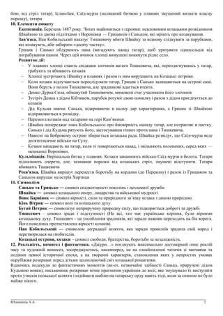 _______________________________________________________________________________________________
©Химинець А.А. 2
бою, від стріл татар), Іслам-Бек, Саїд-мурза (наляканий битвою у плавнях змушений визнати власну
поразку), татари
10. Елементи сюжету
Експозиція. Березень 1487 року. Читач знайомиться з героями: невловимим козацьким розвідником
Швайкою та двома підлітками з Воронівки — Грициком і Саньком, які мріють про козакування.
Зав'язка. Пан Кобильський наказує Тишкевичу вбити Швайку за відмову слідкувати за парубками,
які козакують, аби забирати «десяту частку».
Грицик і Санько обдурюють пана (вигадують напад татар), щоб урятувати односельців від
пограбування паном. Через цей вчинок хлопці вимушені покинути рідне село.
Розвиток дії:
− У плавнях хлопці стають свідками злочинів ватаги Тишкевича, які, переодягнувшись у татар,
грабують та вбивають козаків
− Хлопці зустрічають Швайку в плавнях і разом із ним вирушають на Козацькі острови.
− Коли козаки відлучаються переслідувати татар, Грицик і Санько залишаються на острові самі.
Вони беруть у полон Тишкевича, але зрадникові вдається втекти.
− Демко Дурна Сила, обманутий Тишкевичем, мимоволі стає учасником його злочинів
− Зустріч Демка з дідом Кібчиком, парубок розуміє свою помилку і разом з дідом приєднується до
козаків
− Дід Кудьма навчає Санька, відкриваючи в ньому дар характерника, а Грицик зі Швайкою
відправляються в розвідку.
− Перемога козаків над татарами на горі Кам’яниця.
− Швайка попереджає пана Кобильського про ймовірність нападу татар, але потрапляє в пастку.
Санько і дід Кудьма рятують його, застосувавши гіпноз проти пана і Тишкевича.
− Навесні на Бобровому острові збирається козацька рада. Швайка розвідує, що Саїд-мурза веде
десятитисячне військо на Сулу.
− Козаки нападають на татар, коли ті повертаються назад, і звільняють полонених, серед яких —
мешканці Воронівки.
Кульмінація. Вирішальна битва у плавнях. Козаки заманюють військо Саїд-мурзи в болота. Татари
підпалюють очерети, але, зазнавши поразки від козацьких стріл, змушені відступити. Татари
вбивають Тишкевича
Розв'язка. Швайка вирішує перенести боротьбу на кордони (до Перекопу) і разом із Грициком та
Саньком вирушає на острів Хортиця
11. Символізм
Санько та Грицько ― символ спадкоємності поколінь і незламної дружби
Швайка ― символ козацького опору, лицарства та військової мудрості
Вовк Барвінок ― символ вірності, сили та природного зв’язку козака з дикою природою.
Кінь Вітрик ― символ волі та козацького духу.
Бугай Петрик ― символізує неприручену природну силу, що підкоряється доброті та дружбі
Тишкевич – символ зради і підступності (Не всі, хто має українське коріння, були вірними
козацькому духу. Тишкевич – це уособлення зрадників, які заради наживи переходять на бік ворога.
Його поведінка протиставлена вірності козаків).
Пан Кобильський ― символом деградації шляхти, яка заради привілеїв зрадила свій народ і
перетворилася на гнобителів.
Козацькі острови, козаки – символ свободи, братерства, боротьби за незалежність.
12. Реальність, вимисел і фантастика. «Джури…» поєднують максимально достовірний опис реалій
часу та художній вимисел, зосереджуючись, насамперед, не на ознайомленні читачів зі звичаями та
подіями певної історичної епохи, а на творенні характерів, становлення яких у непростих умовах
порубіжжя розкриває перед дітьми захоплюючий світ козацької романтики.
Вдаючись подекуди до фантастичних моментів (як-от, незвичайні здібності Санька, приручені дідом
Кудьмою вовки), письменник розкриває вічне прагнення українців до волі, яке змушувало їх виступати
проти утисків польської шляхти і підіймати шаблю на татарську орду навіть тоді, коли за спиною не було
майже нікого.
 
