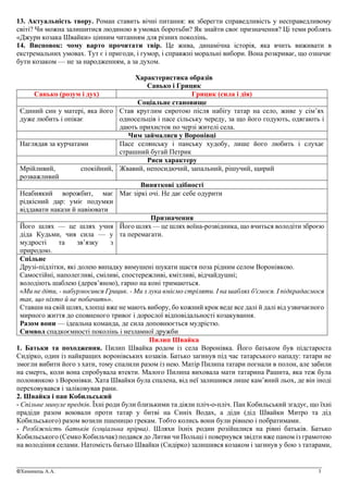 _______________________________________________________________________________________________
©Химинець А.А. 3
13. Актуальність твору. Роман ставить вічні питання: як зберегти справедливість у несправедливому
світі? Чи можна залишитися людиною в умовах боротьби? Як знайти своє призначення? Ці теми роблять
«Джури козака Швайки» цінним читанням для різних поколінь.
14. Висновок: чому варто прочитати твір. Це жива, динамічна історія, яка вчить виживати в
екстремальних умовах. Тут є і пригоди, і гумор, і справжні моральні вибори. Вона розкриває, що означає
бути козаком — не за народженням, а за духом.
Характеристика образів
Санько і Грицик
Санько (розум і дух) Грицик (сила і дія)
Соціальне становище
Єдиний син у матері, яка його
дуже любить і опікає
Став круглим сиротою після набігу татар на село, живе у сім’ях
односельців і пасе сільську череду, за що його годують, одягають і
дають прихисток по черзі жителі села.
Чим займалися у Воронівці
Наглядав за курчатами Пасе селянську і панську худобу, лише його любить і слухає
страшний бугай Петрик
Риси характеру
Мрійливий, спокійний,
розважливий
Жвавий, непосидючий, запальний, рішучий, щирий
Виняткові здібності
Неабиякий ворожбит, має
рідкісний дар: уміє подумки
віддавати накази й навіювати
Має зіркі очі. Не дає себе одурити
Призначення
Його шлях — це шлях учня
діда Кудьми, чия сила — у
мудрості та зв’язку з
природою.
Його шлях — це шлях воїна-розвідника, що вчиться володіти зброєю
та перемагати.
Спільне
Друзі-підлітки, які долею випадку вимушені шукати щастя поза рідним селом Воронівкою.
Самостійні, наполегливі, сміливі, спостережливі, кмітливі, відчайдушні;
володіють шаблею (дерев’яною), гарно на коні тримаються.
«Ми не діти, - набурмосився Грицик. - Ми з лука вміємо стріляти. І на шаблях б'ємося. І підкрадаємося
так, що ніхто й не побачить».
Ставши на свій шлях, хлопці вже не мають вибору, бо кожний крок веде все далі й далі від узвичаєного
мирного життя до сповненого тривог і дорослої відповідальності козакування.
Разом вони — ідеальна команда, де сила доповнюється мудрістю.
Символ спадкоємності поколінь і незламної дружби
Пилип Швайка
1. Батьки та походження. Пилип Швайка родом із села Воронівка. Його батьком був підстароста
Сидірко, один із найкращих воронівських козаків. Батько загинув під час татарського нападу: татари не
змогли вибити його з хати, тому спалили разом із нею. Матір Пилипа татари погнали в полон, але забили
на смерть, коли вона спробувала втекти. Малого Пилипа виховала мати татарина Рашита, яка теж була
полонянкою з Воронівки. Хата Швайки була спалена, від неї залишився лише кам’яний льох, де він іноді
переховувався і заліковував рани.
2. Швайка і пан Кобильський
- Спільне минуле предків. Їхні роди були близькими та діяли пліч-о-пліч. Пан Кобильський згадує, що їхні
прадіди разом воювали проти татар у битві на Синіх Водах, а діди (дід Швайки Митро та дід
Кобильського) разом возили пшеницю грекам. Тобто колись вони були рівнею і побратимами.
- Розбіжність батьків (соціальна прірва). Шляхи їхніх родин розійшлися на рівні батьків. Батько
Кобильського (Семко Кобильчак) подався до Литви чи Польщі і повернувся звідти вже паном із грамотою
на володіння селами. Натомість батько Швайки (Сидірко) залишився козаком і загинув у бою з татарами,
 