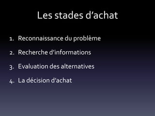 Les stades d’achat

1. Reconnaissance du problème

2. Recherche d’informations

3. Evaluation des alternatives

4. La décision d’achat
 
