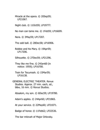 Miracle at the opera. © 20Sep59;
LP21067.
Night club. © 11Oct59; LP19777.
No man can tame me. © 1Feb59; LP16699.
Nora. © 3May59; LP17207.
The odd ball. © 28Dec58; LP16906.
Robbie and his Mary. © 19Apr59;
LP17206.
Silhouette. © 27Dec59; LP21296.
They like me fine. © 24Jan60 (in
notice: 1959); LP16700.
Train for Tecumseh. © 15Mar59;
LP16138.
GENERAL ELECTRIC THEATER. Revue
Studios. Approx. 27 min. each, sd.,
b&w, 16 mm. © Revue Studios.
Absalom, my son. © 6Dec59; LP19780.
Adam's apples. © 24Apr60; LP21865.
At your service. © 22May60; LP21071.
Badge of honor. © 11Feb62; LP22536.
The bar mitzvah of Major Orlovsky.
 