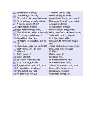 347 Teremtve van-e a világ, »Teremtve van-e a világ,
355 Orökre elhagyj’ azt az ég. Örökre elhagyj’ azt az ég.
357 Oh de hát én, én meg mindezeknél Oh de hát én, én még mindezeknél
363 Mint a gyémánt a vérzős eb felett. Mint a gyémánt a vérzős seb felett.
374 A magyar istenére (4. sz.) A magyarok istenére
379 Röpül előttünk a magas Röpülj előttünk a magas
380 Egyik kezemben fegyverem, Egyik kezemben a fegyverem,
382 Félre, kislelkűek, a ki mostan is még Félre, kislelkűek, a kik mostan is még
382 Szól a király: mind elhagyott! Szól a király: »mind elhagyott!
396 Es a világ, a nagy világ, És a világ, a nagy világ,
402
Föl hazám, föl nemzetem, magyar
nép
Föl hazám, föl nemzetem, magyar
nép!
418 »Sujts, bakó, sujts, mig egy fej áll! »Sujts, bakó, sujts, mig egy fej áll!«
425
Szólt vissza a vár: »En azzal
törődjem,
Szólt vissza a vár: »Én azzal
törődjem,
434 Grécz, május 1.) (Grécz, május 1.)
435 Ejjelét üzé szét. Éjjelét üzé szét.
444 Es a fáradt földmives halad És a fáradt földmives halad
447 En is kakas vagyok talán; Én is kakas vagyok talán;
448 S jegyet vettem rajta..: még sincs, S jegyet vettem rajta… még sincs,
458 En szeretlek, és szerelmem, Én szeretlek, és szerelmem,
468 Farkaskaland (kép) 390 Farkaskaland (kép) 130
470 Ne bántson az meg 326 Ne bántson az meg 328
 