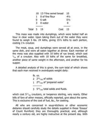 10 13 f fine semel bread 10
1 0 of fine flour 4½
0 6 salt 0½
3 0 water 0
——— ———
Total 5 19 Cost 15
This mass was made into dumplings, which were boiled half an
hour in clear water. Upon taking them out of the water they were
found to weigh 5 lbs. 24 loths, giving 15⅓ loths to each portion,
costing 1¼ creutzer.
The meat, soup, and dumplings were served all at once, in the
same dish, and were all eaten together at dinner. Each member of
the mess was also supplied with 10 loths of rye bread, which cost
5/16 of a creutzer. Also with 10 loths of the same for breakfast,
another piece of same weight in the afternoon, and another for his
supper.
A detailed analysis of this is given, the sum total of which shows
that each man received in avoirdupois weight daily:
lb. oz.
2 234/100 of solids
1 284/100 of ‘prepared water’
————
3 518/100 total solids and fluids.
which cost 517/48 creutzers, or twopence sterling, very nearly. Other
bills of fare of other messes, officially reported, give about the same.
This is exclusive of the cost of fuel, c., for cooking.
All who are concerned in soup-kitchens or other economic
dietaries should carefully study the details supplied in these ‘Essays’
of Count Rumford; they are thoroughly practical, and, although
nearly a century old, are highly instructive at the present day. With
 