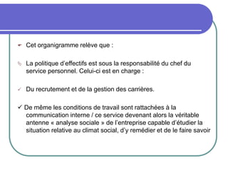  Cet organigramme relève que :
 La politique d’effectifs est sous la responsabilité du chef du
service personnel. Celui-ci est en charge :
 Du recrutement et de la gestion des carrières.
 De même les conditions de travail sont rattachées à la
communication interne / ce service devenant alors la véritable
antenne « analyse sociale » de l’entreprise capable d’étudier la
situation relative au climat social, d’y remédier et de le faire savoir
 