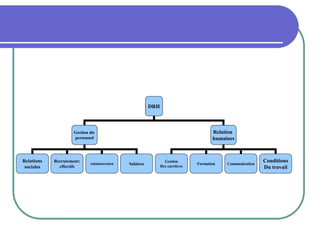 DRH
Gestion du
personnel
Relation
humaines
Relations
sociales
Salaires
Administration
Recrutement:
effectifs
Gestion
Des carrières
Formation Communication
Conditions
Du travail
 