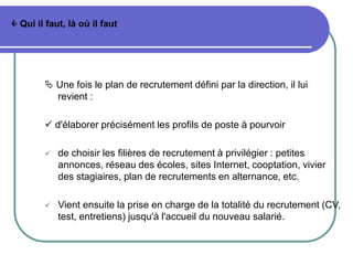  Qui il faut, là où il faut
 Une fois le plan de recrutement défini par la direction, il lui
revient :
 d'élaborer précisément les profils de poste à pourvoir
 de choisir les filières de recrutement à privilégier : petites
annonces, réseau des écoles, sites Internet, cooptation, vivier
des stagiaires, plan de recrutements en alternance, etc.
 Vient ensuite la prise en charge de la totalité du recrutement (CV,
test, entretiens) jusqu'à l'accueil du nouveau salarié.
 