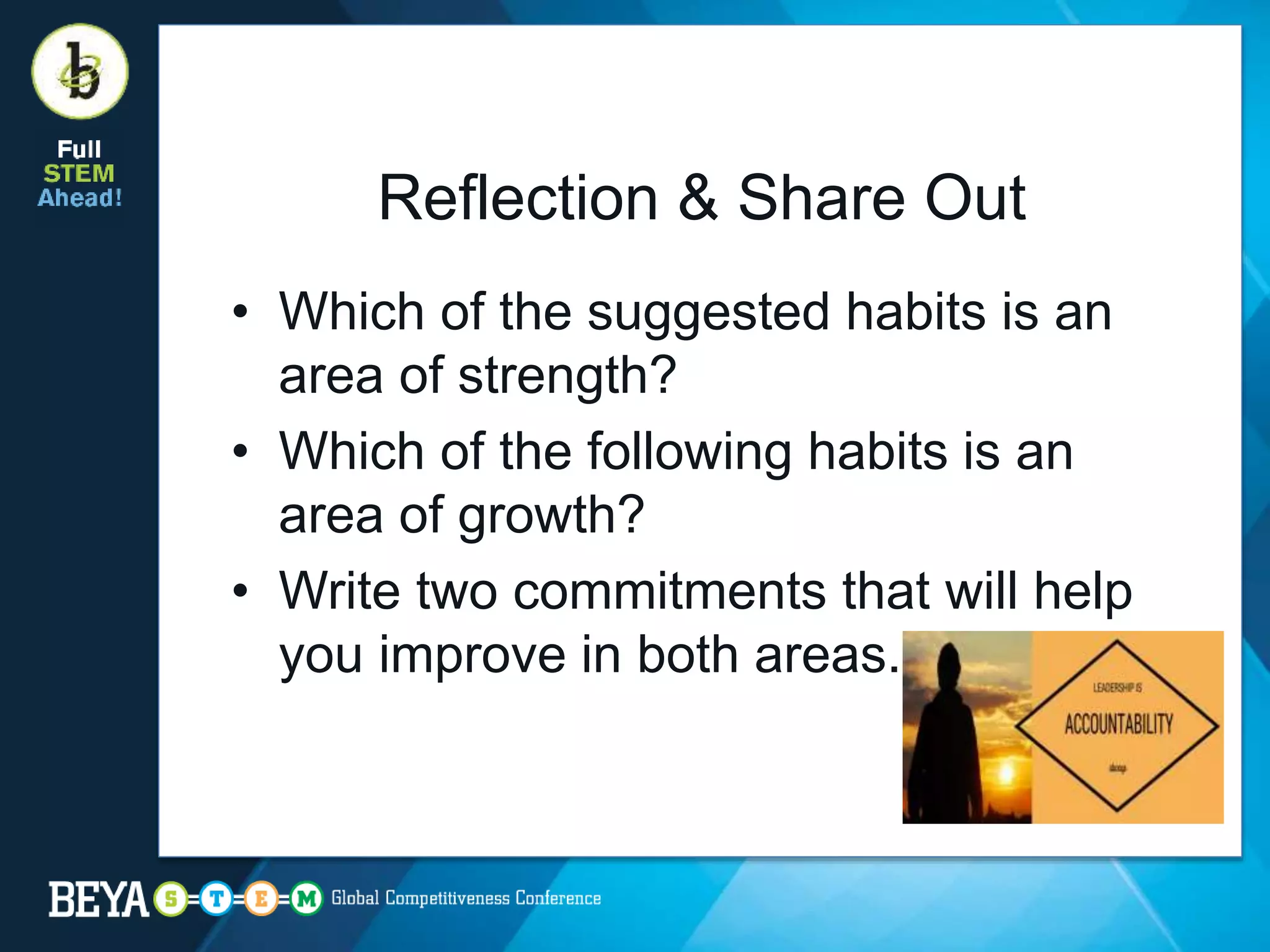 Reflection & Share Out
• Which of the suggested habits is an
area of strength?
• Which of the following habits is an
area of growth?
• Write two commitments that will help
you improve in both areas.
 