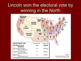 Lincoln won the electoral vote byLincoln won the electoral vote by
winning in the Northwinning in the North
 