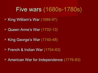 Five warsFive wars (1680s-1780s)(1680s-1780s)
 King William’s WarKing William’s War (1689-97)(1689-97)
 Queen Anne’s WarQueen Anne’s War (1702-13)(1702-13)
 King George’s WarKing George’s War (1740-48)(1740-48)
 French & Indian WarFrench & Indian War (1754-63)(1754-63)
 American War for IndependenceAmerican War for Independence (1776-83)(1776-83)
 