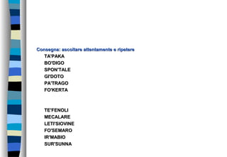 Consegna: ascoltare attentamente e ripetereConsegna: ascoltare attentamente e ripetere
TA'PAKATA'PAKA
BO'DIGOBO'DIGO
SPON'TALESPON'TALE
GI'DOTOGI'DOTO
PA'TRAGOPA'TRAGO
FO'KERTAFO'KERTA
TE'FENOLITE'FENOLI
MECALAREMECALARE
LETI'SIOVINELETI'SIOVINE
FO'SEMAROFO'SEMARO
IR'MABIOIR'MABIO
SUR'SUNNASUR'SUNNA
 