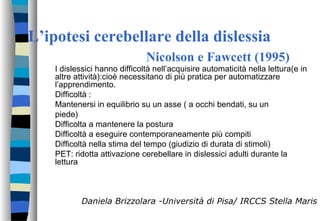 L’ipotesi cerebellare della dislessia
Nicolson e Fawcett (1995)
I dislessici hanno difficoltà nell’acquisire automaticità nella lettura(e in
altre attività):cioè necessitano di più pratica per automatizzare
l’apprendimento.
Difficoltà :
Mantenersi in equilibrio su un asse ( a occhi bendati, su un
piede)
Difficolta a mantenere la postura
Difficoltà a eseguire contemporaneamente più compiti
Difficoltà nella stima del tempo (giudizio di durata di stimoli)
PET: ridotta attivazione cerebellare in dislessici adulti durante la
lettura
Daniela Brizzolara -Università di Pisa/ IRCCS Stella Maris
 