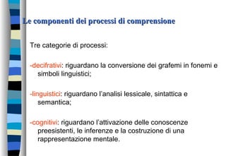 Le componenti dei processi di comprensioneLe componenti dei processi di comprensione
Tre categorie di processi:
-decifrativi: riguardano la conversione dei grafemi in fonemi e
simboli linguistici;
-linguistici: riguardano l’analisi lessicale, sintattica e
semantica;
-cognitivi: riguardano l’attivazione delle conoscenze
preesistenti, le inferenze e la costruzione di una
rappresentazione mentale.
 