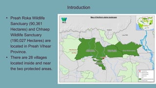 Introduction
• Preah Roka Wildlife
Sanctuary (90,361
Hectares) and Chhaep
Wildlife Sanctuary
(190,027 Hectares) are
located in Preah Vihear
Province.
• There are 28 villages
located inside and near
the two protected areas.
 