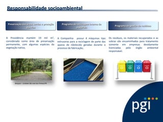 Responsabilidade socioambiental 
A Providência mantém 19 mil m2, considerado como área de preservação permanente, com algumas espécies da vegetação nativa; 
Bosques – Unidade São José dos Pinhais/PR 
A Companhia possui 4 máquinas tipo extrusoras para a reciclagem de parte das aparas de nãotecido geradas durante o processo de fabricação; Os resíduos, os materiais recuperados e as sobras são encaminhados para tratamento somente em empresas devidamente licenciadas pelo órgão ambiental responsável. 
Preservação das áreas verdes e proteção dos rios 
Programa de reciclagem interna de materiais 
Programa de gestão de resíduos  