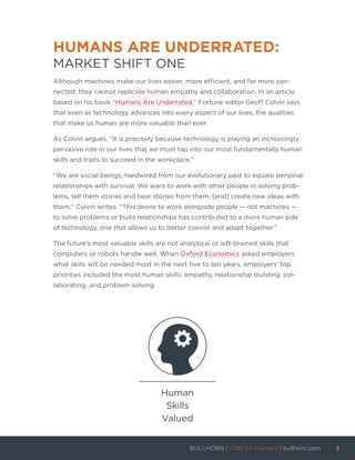 HUMANS ARE UNDERRATED:
MARKET SHIFT ONE
Although machines make our lives easier, more efficient, and far more con-
nected, they cannot replicate human empathy and collaboration. In an article
based on his book “Humans Are Underrated,” Fortune editor Geoff Colvin says
that even as technology advances into every aspect of our lives, the qualities
that make us human are more valuable than ever.
As Colvin argues, “It is precisely because technology is playing an increasingly
pervasive role in our lives that we must tap into our most fundamentally human
skills and traits to succeed in the workplace.”
“We are social beings, hardwired from our evolutionary past to equate personal
relationships with survival. We want to work with other people in solving prob-
lems, tell them stories and hear stories from them, [and] create new ideas with
them,” Colvin writes. “This desire to work alongside people — not machines —
to solve problems or build relationships has contributed to a more human side
of technology, one that allows us to better coexist and adapt together.”
The future’s most valuable skills are not analytical or left-brained skills that
computers or robots handle well. When Oxford Economics asked employers
what skills will be needed most in the next five to ten years, employers’ top
priorities included the most human skills: empathy, relationship building, col-
laborating, and problem solving.
Human
Skills
Valued
BULLHORN | CRM for Humans | bullhorn.com	 3	
	
 