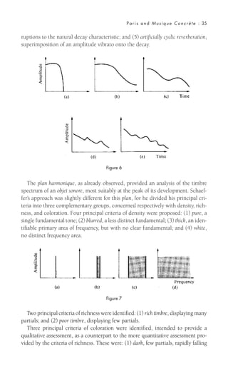 ruptions to the natural decay characteristic; and (5) artificially cyclic reverberation,
superimposition of an amplitude vibrato onto the decay.
Paris and Musique Concrète : 35
The plan harmonique, as already observed, provided an analysis of the timbre
spectrum of an objet sonore, most suitably at the peak of its development. Schaef-
fer’s approach was slightly different for this plan, for he divided his principal cri-
teria into three complementary groups, concerned respectively with density, rich-
ness, and coloration. Four principal criteria of density were proposed: (1) pure, a
single fundamental tone; (2) blurred, a less distinct fundamental; (3) thick, an iden-
tifiable primary area of frequency, but with no clear fundamental; and (4) white,
no distinct frequency area.
Figure 6
Figure 7
Two principal criteria of richness were identified: (1) rich timbre, displaying many
partials; and (2) poor timbre, displaying few partials.
Three principal criteria of coloration were identified, intended to provide a
qualitative assessment, as a counterpart to the more quantitative assessment pro-
vided by the criteria of richness. These were: (1) dark, few partials, rapidly falling
 