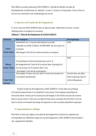 31
Pour définir son plan marketing LOGI AGRICO a décidé de détailler son plan de
développement en définissant ses objectifs à court, à moyen, et à long terme. Ainsi, le but est
d’avoir une continuité et une méthodologie de travail
1-Aperçus sur le plan de développement
C’est la vision de LOGI AGRICO dans un laps de temps déterminée d’avance comme
challenge dans sa stratégie de croissance.
Tableau 7 : Plan de développement de LOGIAGRICO
Eléments Pole transport Pole logistique
Court
terme (2ans)
-Rentabiliser les 3 camions dont dispose la société
-Atteindre un chiffre d’affaire 190 000 DHS par mois pour les
3 camions
-Développer l’activité de commissionnaire en transport
RAS
Moyen
terme (7ans)
-Une politique de réinvestissement qui suivra le
développement de l’activité de la société dans la perspective
d’avoir un parc de 10 camions dans 7 ans
- développer l’activité de la messagerie
RAS
Long terme
(10 ans)
-Développer d’autres activités dans le secteur du transport tel:
Le transport international
Investir dans une plate
forme logistique dans la
ville de Marrakech
D’après le plan de développement, LOGI AGRICO s’insère dans une politique
d’évolution proportionnée à sa rentabilité à court terme. Cela explique la politique de
réinvestissement choisie par la société pour développer et diversifier son parc de camions
dans le moyen terme (7 ans) avec un objectif long terme consistant de diversifier l’activité
dans le secteur en touchant davantage de segments et créer sa propre plateforme logistique.
2- Segmentation et ciblage
Pour bien se situer par rapport à son plan de développement et choisir les segments qui
correspondent aux différentes étapes de son développement, LOGI AGRICO doit procéder à
une segmentation détaillée.
 