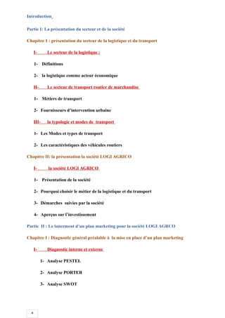 4
Introduction
Partie I: La présentation du secteur et de la société
Chapitre 1 : présentation du secteur de la logistique et du transport
I- Le secteur de la logistique :
1- Définitions
2- la logistique comme acteur économique
II- Le secteur de transport routier de marchandise
1- Métiers de transport
2- Fournisseurs d’intervention urbaine
III- la typologie et modes de transport
1- Les Modes et types de transport
2- Les caractéristiques des véhicules routiers
Chapitre II: la présentation la société LOGI AGRICO
I- la société LOGI AGRICO
1- Présentation de la société
2- Pourquoi choisir le métier de la logistique et du transport
3- Démarches suivies par la société
4- Aperçus sur l’investissement
Partie II : Le lancement d’un plan marketing pour la société LOGI AGRCO
Chapitre I : Diagnostic général préalable à la mise en place d’un plan marketing
I- Diagnostic interne et externe
1- Analyse PESTEL
2- Analyse PORTER
3- Analyse SWOT
 
