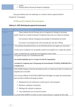 41
société.
 Présence dans les forums de transport et logistique
Ainsi pour finaliser notre mix marketing, on va traiter le dernier segment intitulé le
transport de la messagerie
15-Mix pour le segment de la messagerie
Tableau 11 : MIX Marketing du segment de la messagerie
Eléments La messagerie
Produits - Deux camions solos de 20 tonnes qu’on va importer de l’étranger d’une bonne
qualité .Ensuite on va acheter localement 5 triporteurs (des motos avec cabine de stockage)
-Une assurance véhicule avantageuse pour protéger la marchandise des clients.
-les camions vont transporter des colis d’un poids qui varie de 0 à 300 kg
Prix -Une politique de pénétration basée sur une diminution du prix par rapport aux concurrents.
-Un prix qu’on va négocier avec les grandes sociétés avec lesquelles on va signer des contrats.
-le prix est déterminé par le poids des colis transportés ou par volume
Distribution -Une gestion du parc avec l’installation des GPS
-un assistant logistique qui va s’occuper de suivi de l’organisation.
-Location de 3 magasins pour l’entreposage de la marchandise TANGER, MARRAKECH et
CASABLANCA
Communication LOGI AGRICO dispose d’une base de données qu’elle va l’utiliser pour cibler les sociétés avec
lesquelles elle va travailler
Ceci n’est pas suffisant. En fait LOGI AGRICO doit développer son aspect de communication
pour accrocher et fidéliser davantage de clients :
 Préparation d’un site internet qui va traiter juste le volet messagerie
 Brochures, catalogues et prospectus
 Habillage des véhicules et triporteurs
 Des combinaisons avec le nom de la société
La société LOGI AGRICO va utiliser un nom commercial pour ce segment qu’elle a déjà
 