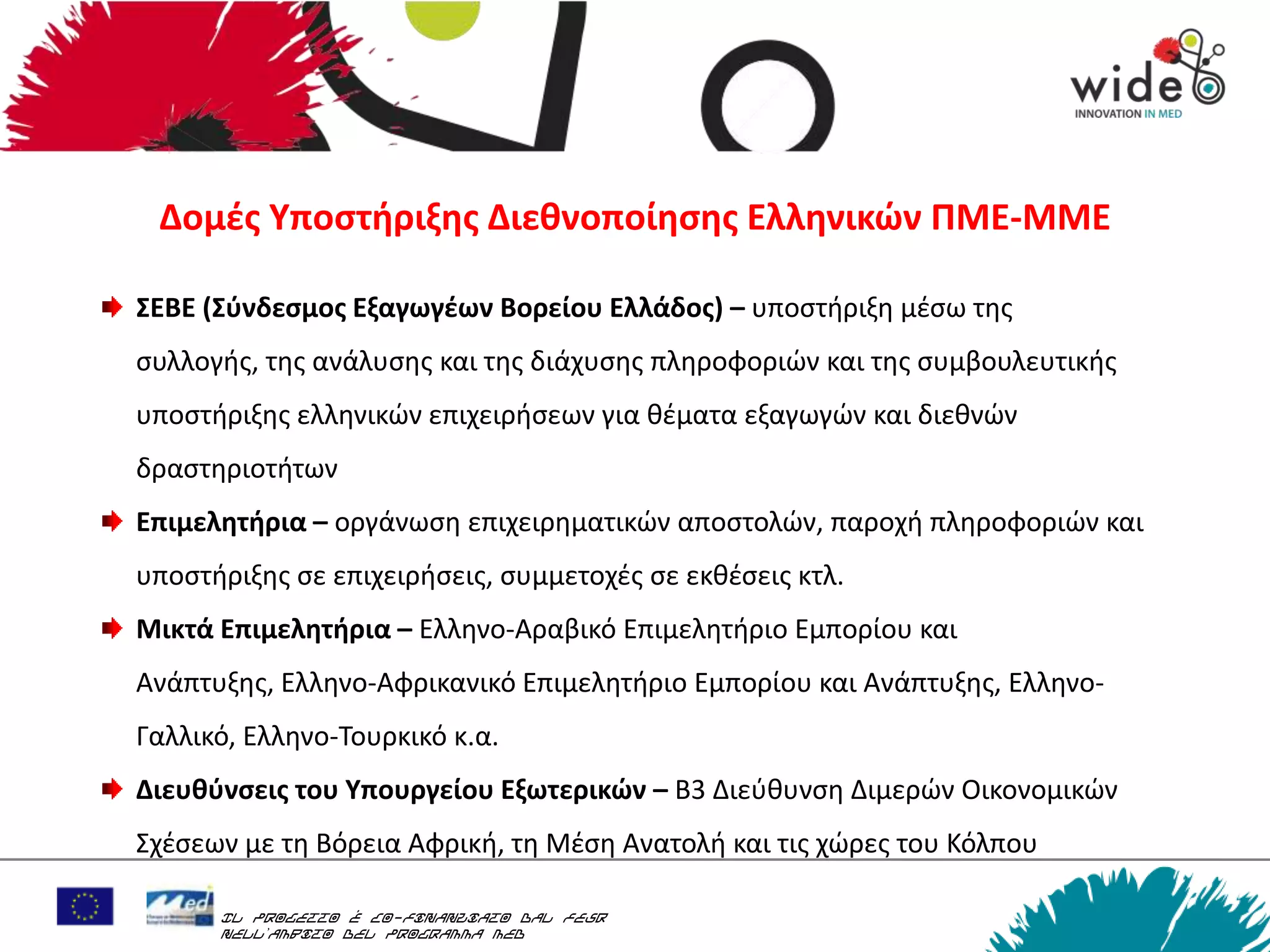 Δομζσ Υποςτιριξθσ Διεκνοποίθςθσ Ελλθνικών ΠΜΕ-ΜΜΕ

ΣΕΒΕ (Σφνδεςμοσ Εξαγωγζων Βορείου Ελλάδοσ) – υποςτιριξθ μζςω τθσ
ςυλλογισ, τθσ ανάλυςθσ και τθσ διάχυςθσ πλθροφοριϊν και τθσ ςυμβουλευτικισ
υποςτιριξθσ ελλθνικϊν επιχειριςεων για κζματα εξαγωγϊν και διεκνϊν
δραςτθριοτιτων
Επιμελθτιρια – οργάνωςθ επιχειρθματικϊν αποςτολϊν, παροχι πλθροφοριϊν και
υποςτιριξθσ ςε επιχειριςεισ, ςυμμετοχζσ ςε εκκζςεισ κτλ.
Μικτά Επιμελθτιρια – Ελλθνο-Αραβικό Επιμελθτιριο Εμπορίου και
Ανάπτυξθσ, Ελλθνο-Αφρικανικό Επιμελθτιριο Εμπορίου και Ανάπτυξθσ, Ελλθνο-
Γαλλικό, Ελλθνο-Σουρκικό κ.α.
Διευκφνςεισ του Υπουργείου Εξωτερικών – Β3 Διεφκυνςθ Διμερϊν Οικονομικϊν
΢χζςεων με τθ Βόρεια Αφρικι, τθ Μζςθ Ανατολι και τισ χϊρεσ του Κόλπου

      Il progetto è co-finanziato dal FESR
      nell’ambito del Programma MED
 