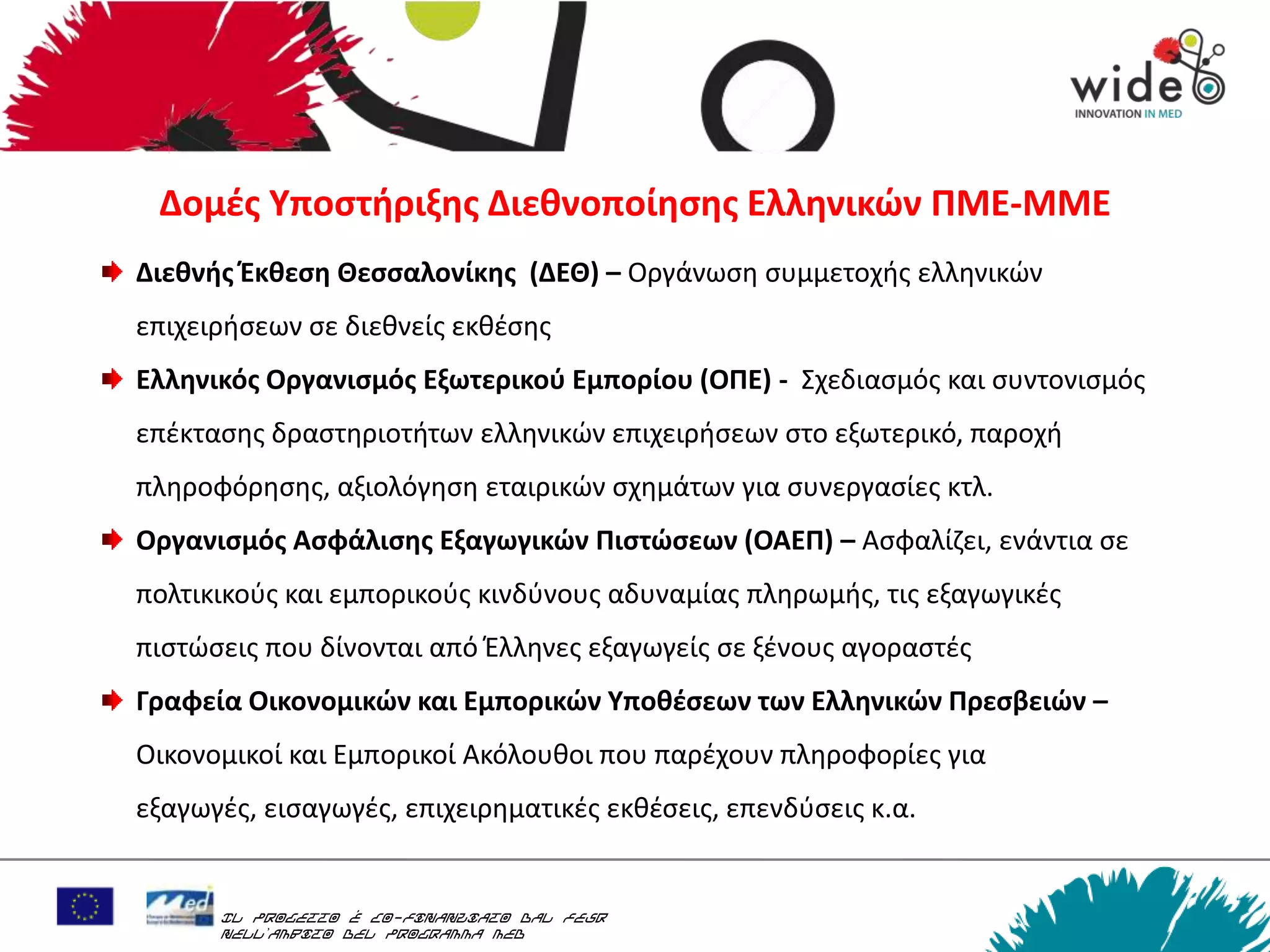 Δομζσ Υποςτιριξθσ Διεκνοποίθςθσ Ελλθνικών ΠΜΕ-ΜΜΕ
Διεκνισ Ζκκεςθ Θεςςαλονίκθσ (ΔΕΘ) – Οργάνωςθ ςυμμετοχισ ελλθνικϊν
επιχειριςεων ςε διεκνείσ εκκζςθσ
Ελλθνικόσ Οργανιςμόσ Εξωτερικοφ Εμπορίου (ΟΠΕ) - ΢χεδιαςμόσ και ςυντονιςμόσ
επζκταςθσ δραςτθριοτιτων ελλθνικϊν επιχειριςεων ςτο εξωτερικό, παροχι
πλθροφόρθςθσ, αξιολόγθςθ εταιρικϊν ςχθμάτων για ςυνεργαςίεσ κτλ.
Οργανιςμόσ Αςφάλιςθσ Εξαγωγικών Πιςτώςεων (ΟΑΕΠ) – Αςφαλίηει, ενάντια ςε
πολτικικοφσ και εμπορικοφσ κινδφνουσ αδυναμίασ πλθρωμισ, τισ εξαγωγικζσ
πιςτϊςεισ που δίνονται από Ζλλθνεσ εξαγωγείσ ςε ξζνουσ αγοραςτζσ
Γραφεία Οικονομικών και Εμπορικών Υποκζςεων των Ελλθνικών Πρεςβειών –
Οικονομικοί και Εμπορικοί Ακόλουκοι που παρζχουν πλθροφορίεσ για
εξαγωγζσ, ειςαγωγζσ, επιχειρθματικζσ εκκζςεισ, επενδφςεισ κ.α.


      Il progetto è co-finanziato dal FESR
      nell’ambito del Programma MED
 