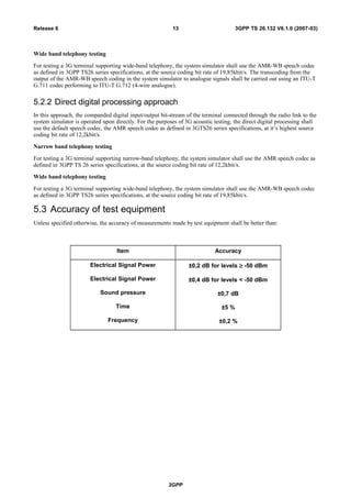 Wide band telephony testing
For testing a 3G terminal supporting wide-band telephony, the system simulator shall use the AMR-WB speech codec
as defined in 3GPP TS26 series specifications, at the source coding bit rate of 19,85kbit/s. The transcoding from the
output of the AMR-WB speech coding in the system simulator to analogue signals shall be carried out using an ITU-T
G.711 codec performing to ITU-T G.712 (4-wire analogue).
5.2.2 Direct digital processing approach
In this approach, the companded digital input/output bit-stream of the terminal connected through the radio link to the
system simulator is operated upon directly. For the purposes of 3G acoustic testing, the direct digital processing shall
use the default speech codec, the AMR speech codec as defined in 3GTS26 series specifications, at it’s highest source
coding bit rate of 12,2kbit/s.
Narrow band telephony testing
For testing a 3G terminal supporting narrow-band telephony, the system simulator shall use the AMR speech codec as
defined in 3GPP TS 26 series specifications, at the source coding bit rate of 12,2kbit/s.
Wide band telephony testing
For testing a 3G terminal supporting wide-band telephony, the system simulator shall use the AMR-WB speech codec
as defined in 3GPP TS26 series specifications, at the source coding bit rate of 19,85kbit/s.
5.3 Accuracy of test equipment
Unless specified otherwise, the accuracy of measurements made by test equipment shall be better than:
Item Accuracy
Electrical Signal Power
Electrical Signal Power
Sound pressure
Time
Frequency
±0,2 dB for levels ≥ -50 dBm
±0,4 dB for levels < -50 dBm
±0,7 dB
±5 %
±0,2 %
3GPP
3GPP TS 26.132 V6.1.0 (2007-03)13Release 6
 